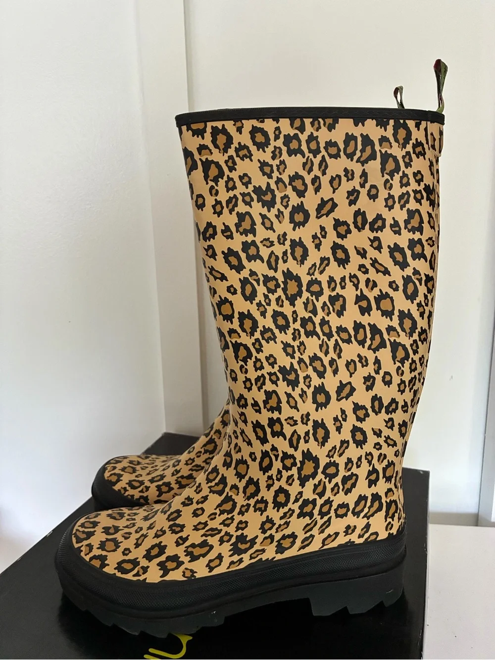 Penny Loves Kenny Leopard Print Tan and Black Rain Boots